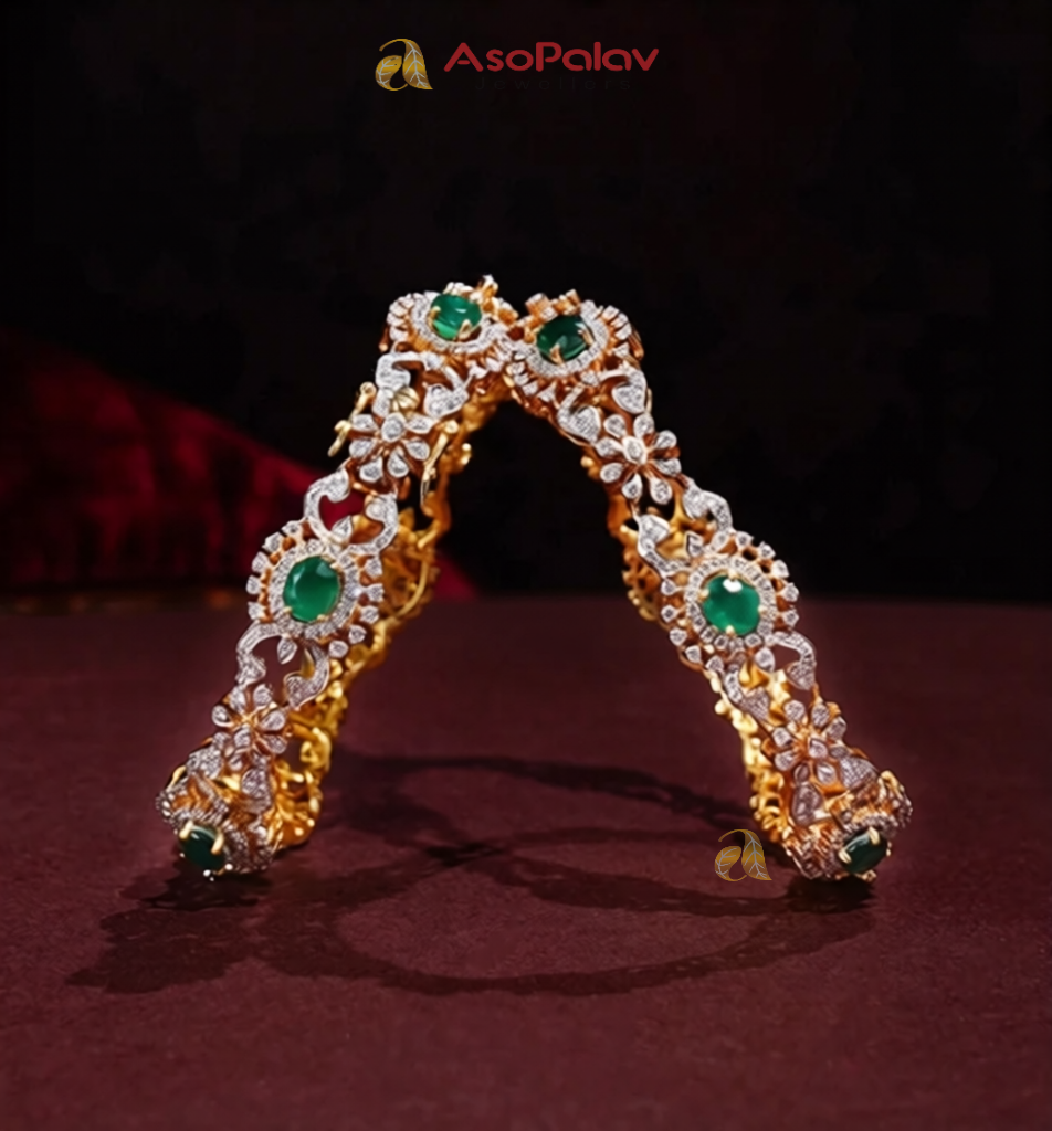 Sparkling Green Stone Diamond Bangles for Women | Asopalavjewellers